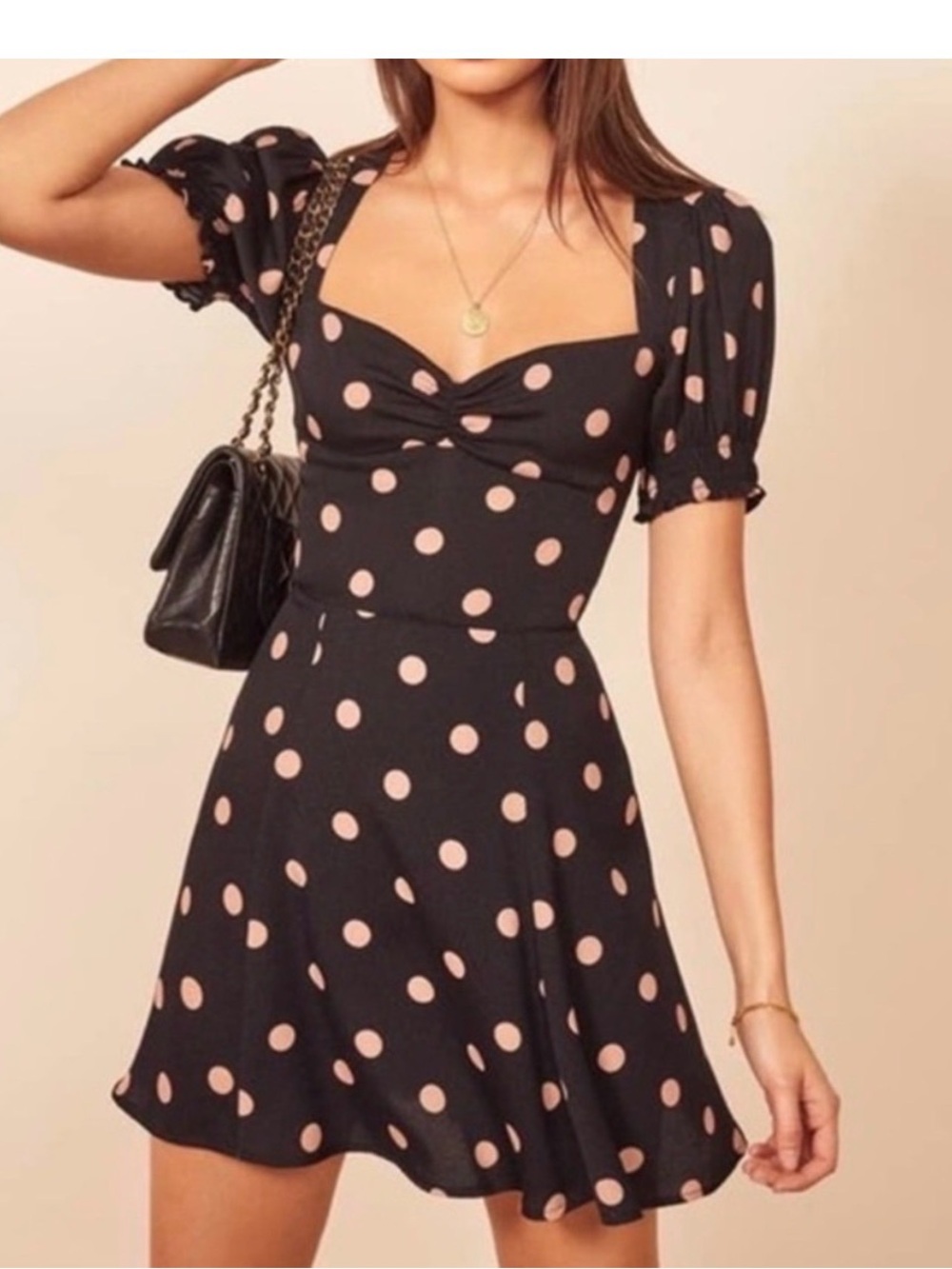 Reformation Black and Pink Puff Sleeve Wrap Mini Dress